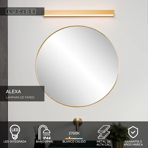 Lucide ALEXA - Lámpara de pared Baño - LED - 1x8W 2700K - IP44 - Oro mate / Latón - USP